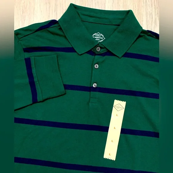 St Johns Bay Mens Large Legacy Polo Long Sleeve Green Stripe Classic Fit Stretch - Picture 1 of 6